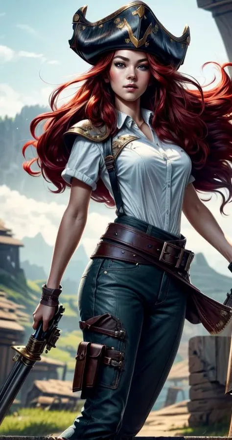 missfortune, 1girl, solo, long hair, looking at viewer, short sleeves, hat, holding, green eyes, weapon, red hair,  white shirt, (leather belt), strap, holding weapon, gun, holding gun, pirate hat, pants, (masterpiece:1.2), (best quality), (ultra detailed), (8k, 4k, intricate),(full-body-shot:1), (highly detailed:1.2),(detailed face:1.2),(detailed background),detailed landscape, (dynamic angle:1.2), (dynamic pose:1.2) <lora:missfortune:0.6> <lora:more_details:0.6>