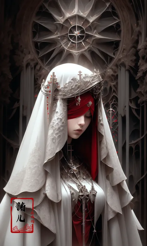 the goddess by shadrach jaroshelev, in the style of gothic futurism, dark white and light red, hyper-detailed illustrations, uhd image, Gorgeous costume details, intricate costumes, (cathedral:1.6)(beautiful and clear background:1.4),
(Transparent blindfold:1.1),  (coif:1.3),
<lora:~Q?-OYsY4] coif:0.9>