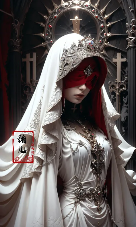 the goddess by shadrach jaroshelev, in the style of gothic futurism, dark white and light red, hyper-detailed illustrations, uhd image, Gorgeous costume details, intricate costumes, (cathedral:1.6)(beautiful and clear background:1.4),
(Transparent blindfold:1.1),  (coif:1.3),
<lora:~Q?-OYsY4] coif:0.9>