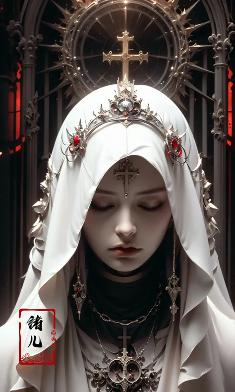 the goddess by shadrach jaroshelev, in the style of gothic futurism, dark white and light red, hyper-detailed illustrations, uhd image, Gorgeous costume details, intricate costumes, (cathedral:1.6)(beautiful and clear background:1.4),
(Transparent blindfold:1.1),  (coif:1.3),
<lora:~Q?-OYsY4] coif:0.9>