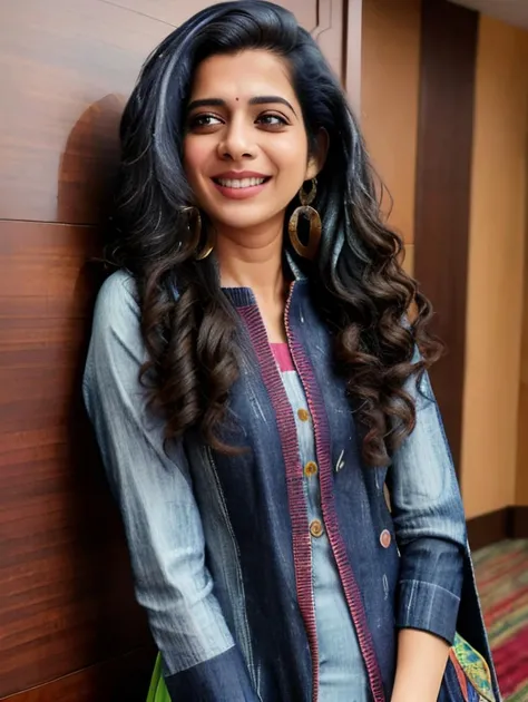 hires full body photo of a thin mipa woman, realistic skin texture, looking at camera, solo, colorful (kurta, Jeans:1.2), smiling, in hotel lobby, beautiful bokeh <lora:mipa_Mithila_Palkar_SD15_LoHa:0.8>