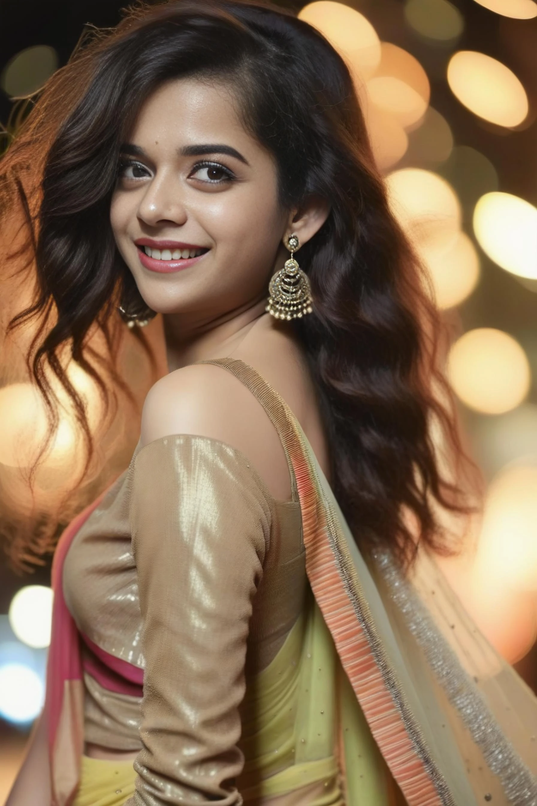 hires close up portrait photo of mithila palkar woman, outdoors, realistic skin texture, smiling, looking looking at camera, indian clothes, smiling, night time, beautiful bokeh <lora:Mithila_Palkar_SDXL_LoRA:1>