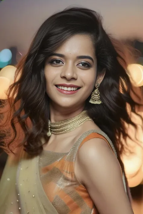hires close up portrait photo of mithila palkar woman, outdoors, realistic skin texture, smiling, looking looking at camera, indian clothes, smiling, night time, beautiful bokeh <lora:Mithila_Palkar_SDXL_LoRA:1>
