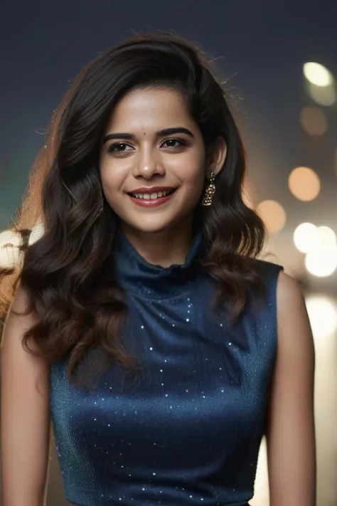 hires close up portrait photo of mithila palkar woman, outdoors, realistic skin texture, smiling, looking looking at viewer, high collar dress, smiling, night time, beautiful bokeh <lora:Mithila_Palkar_SDXL_LoRA:1>