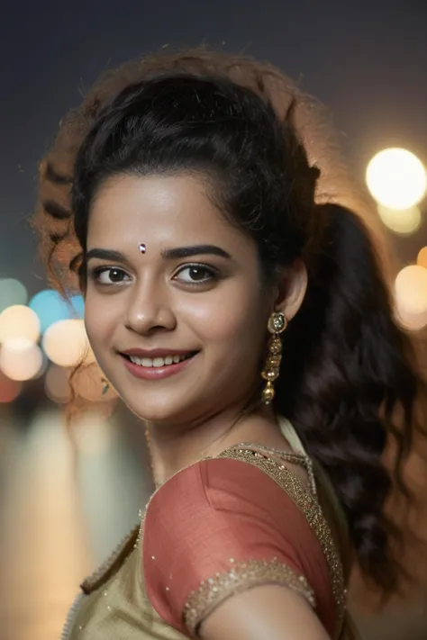 hires close up portrait photo of mithila palkar woman, outdoors, realistic skin texture, smiling, looking looking at camera, indian clothes, smiling, night time, beautiful bokeh <lora:Mithila_Palkar_SDXL_LoRA:1>