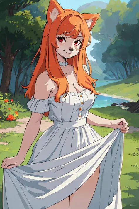 <lyco:KitsuneAi-FurryDogGirl-LoKr8V1:1.1> dog girl, (furry female), animal ears, light orange hair, red eyes, long hair, upper shot, bangs bangs, dress, nature,
(best quality, masterpiece, RAW photo,ultra-detailed:1.2), looking at viewer,smile