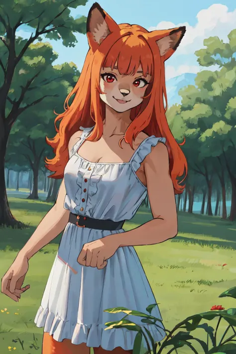 <lyco:KitsuneAi-FurryDogGirl-LoKr8V1:1.2> dog girl, (furry female), animal ears, light orange hair, red eyes, long hair, cowboy shot, bangs bangs, dress, nature,
(best quality, masterpiece, RAW photo,ultra-detailed:1.2), looking at viewer,smile