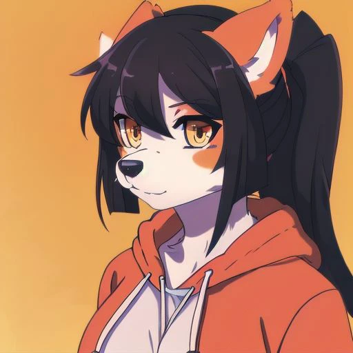 4k, 8k, anthro, anthro wolf, anthro wolf girl, wolf_ears, orange_eyes, fair_skin, black_hoodie, black_hair, ponytail, digital art, masterpiece, portrait, kemono