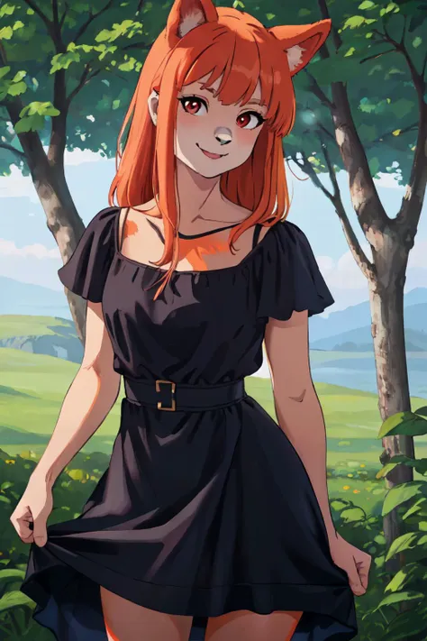 <lyco:KitsuneAi-FurryDogGirl-LoKr8V1:1.1> dog girl, (furry female), animal ears, light orange hair, red eyes, long hair, cowboy shot, bangs bangs, dress, nature,
(best quality, masterpiece, RAW photo,ultra-detailed:1.2), looking at viewer,smile