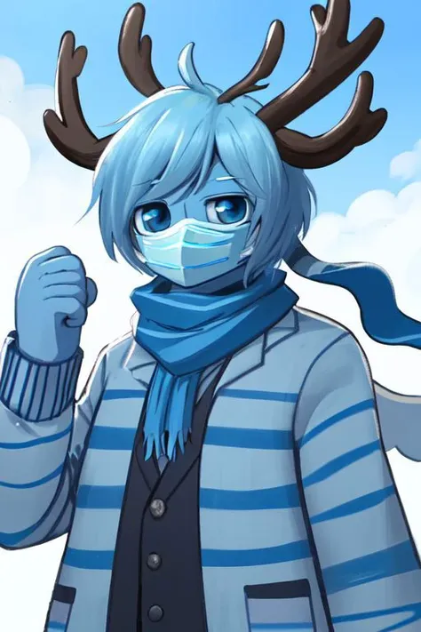 The blue deer guy. sky blue skin. big head of hair. blue warm clothes with light blue stripes. the mask should be blue and with blue vertical stripes. deer antlers are blue with light blue rings. blue scarf with light blue stripes.