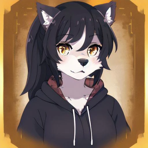 4k, 8k, anthro, anthro wolf, anthro wolf girl, wolf_ears, orange_eyes, fair_skin, black_hoodie, black_hair, ponytail, digital art, masterpiece, portrait, kemono