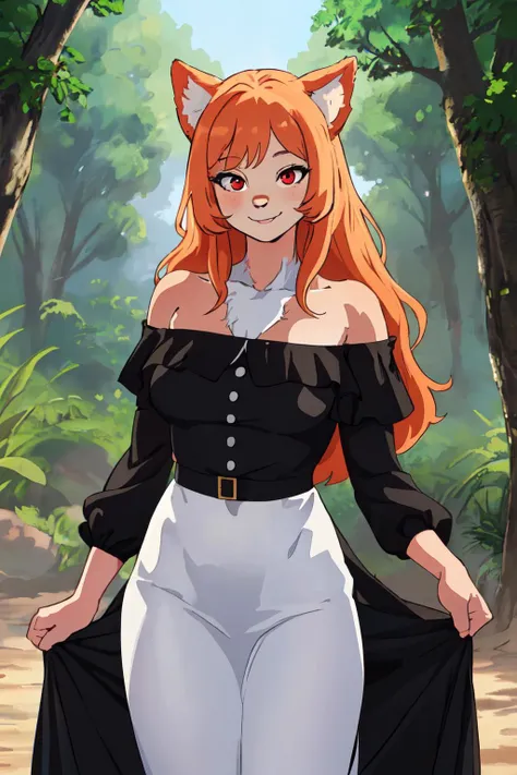 <lyco:KitsuneAi-FurryDogGirl-LoKr8V1:1.1> dog girl, (furry female), animal ears, light orange hair, red eyes, long hair, cowboy shot, bangs bangs, dress, nature,
(best quality, masterpiece, RAW photo,ultra-detailed:1.2), looking at viewer,smile