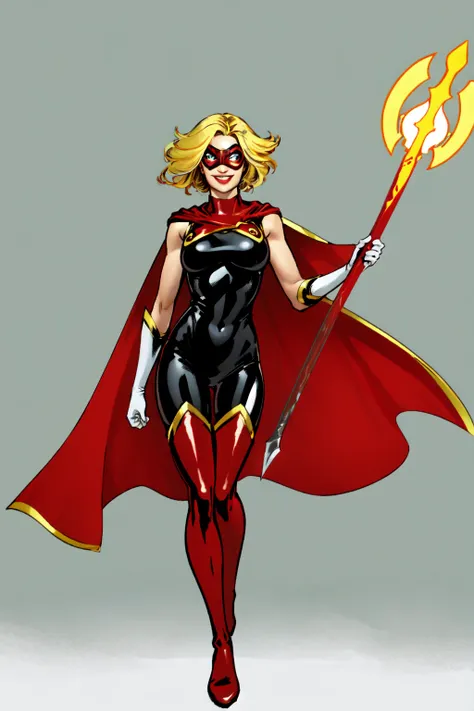 1girl, solo, superhero, blonde hair, gloves, cape, bodysuit, black bodysuit, weapon, axe, holding, holding a weapon, mask, breasts, boots, thigh boots, flames, magic, smile, thighhighs, covered navel, blue eyes, skin tight, medium breasts, white gloves, red cape, looking at viewer, domino mask, red footwear,<lora:Star_Marvel:0.6>