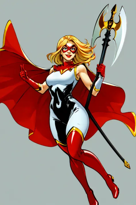 1girl, solo, superhero, blonde hair, gloves, cape, bodysuit, black bodysuit, weapon, axe, holding, holding a weapon, mask, breasts, boots, thigh boots, flames, magic, smile, thighhighs, covered navel, blue eyes, skin tight, medium breasts, white gloves, red cape, looking at viewer, domino mask, red footwear,<lora:Star_Marvel:0.6>