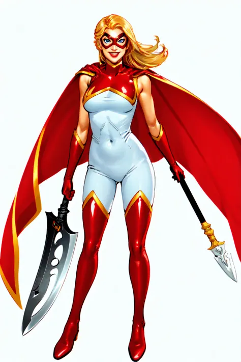 1girl, solo, superhero, blonde hair, gloves, cape, bodysuit, black bodysuit, weapon, axe, holding, holding a weapon, mask, breasts, boots, thigh boots, flames, magic, smile, thighhighs, covered navel, blue eyes, skin tight, medium breasts, white gloves, red cape, looking at viewer, domino mask, red footwear,<lora:Star_Marvel:0.6>