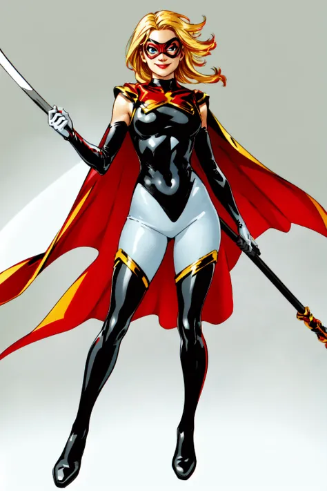 1girl, solo, superhero, blonde hair, gloves, cape, bodysuit, black bodysuit, weapon, axe, holding, holding a weapon, mask, breasts, boots, thigh boots, flames, magic, smile, thighhighs, covered navel, blue eyes, skin tight, medium breasts, white gloves, red cape, looking at viewer, domino mask, red footwear,<lora:Star_Marvel:0.6>