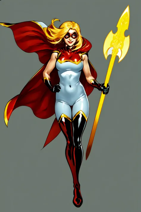 1girl, solo, superhero, blonde hair, gloves, cape, bodysuit, black bodysuit, weapon, axe, holding, holding a weapon, mask, breasts, boots, thigh boots, flames, magic, smile, thighhighs, covered navel, blue eyes, skin tight, medium breasts, city background, red cape, looking at viewer, domino mask, red footwear,<lora:Star_Marvel:0.6>
