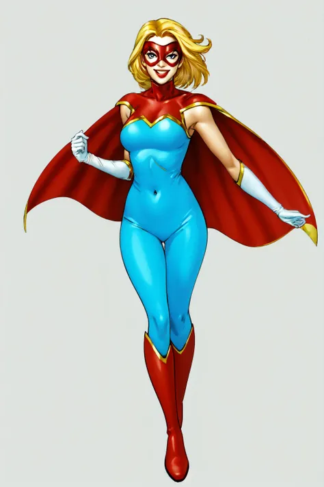1girl, solo, superhero, blonde hair, gloves, cape, bodysuit, mask, breasts, boots, thigh boots, white background, smile, thighhighs, covered navel, blue eyes, skin tight, medium breasts, white gloves, red cape, looking at viewer, domino mask, red footwear,<lora:Star_Marvel:0.6>