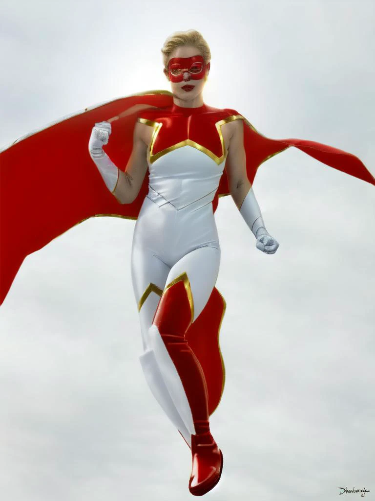 (masterpiece), 1girl, solo, superhero, red cape, mask, blonde hair, gloves, (white bodysuit), domino mask, short hair, boots, thighhighs, breasts, thigh boots, full body, red footwear, rim lighting, backlighting, lips, elbow gloves, skin tight, lens flare <lora:Star_Ripley:1>