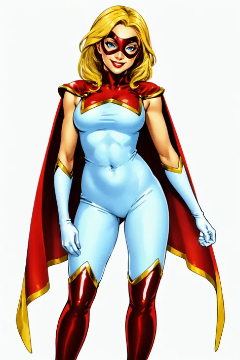 1girl, solo, superhero, blonde hair, gloves, cape, bodysuit, mask, breasts, boots, thigh boots, white background, smile, thighhighs, covered navel, blue eyes, skin tight, medium breasts, white gloves, red cape, looking at viewer, domino mask, red footwear,<lora:Star_Marvel:0.6>