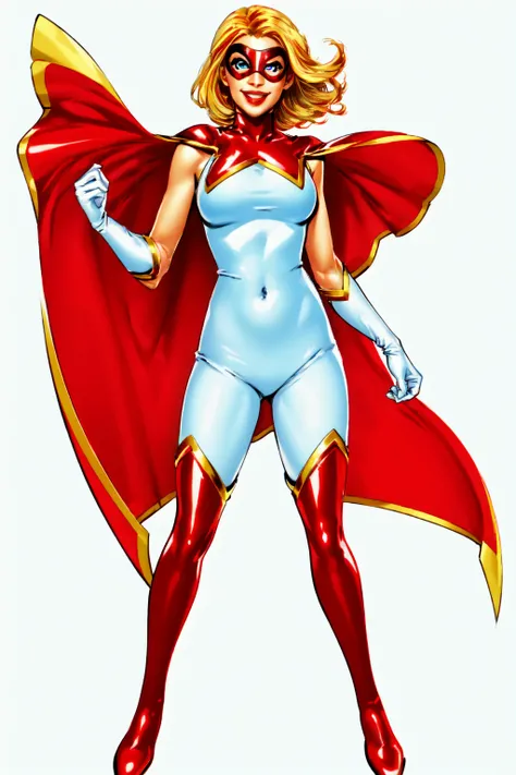 1girl, solo, superhero, blonde hair, gloves, cape, bodysuit, mask, breasts, boots, thigh boots, white background, smile, thighhighs, covered navel, blue eyes, skin tight, medium breasts, white gloves, red cape, looking at viewer, domino mask, red footwear,<lora:Star_Marvel:0.6>