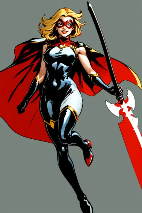 1girl, solo, superhero, blonde hair, gloves, cape, bodysuit, black bodysuit, weapon, axe, holding, holding a weapon, mask, breasts, boots, thigh boots, flames, magic, smile, thighhighs, covered navel, blue eyes, skin tight, medium breasts, city background, red cape, looking at viewer, domino mask, red footwear,<lora:Star_Marvel:0.6>