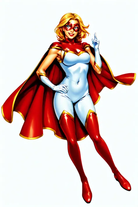 1girl, solo, superhero, blonde hair, gloves, cape, bodysuit, mask, breasts, boots, thigh boots, white background, smile, thighhighs, covered navel, blue eyes, skin tight, medium breasts, white gloves, red cape, looking at viewer, domino mask, red footwear,<lora:Star_Marvel:0.6>