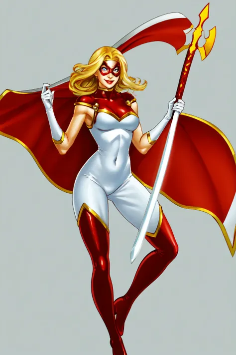 1girl, solo, superhero, blonde hair, gloves, cape, bodysuit, black bodysuit, weapon, axe, holding, holding a weapon, mask, breasts, boots, thigh boots, flames, magic, smile, thighhighs, covered navel, blue eyes, skin tight, medium breasts, white gloves, red cape, looking at viewer, domino mask, red footwear,<lora:Star_Marvel:0.6>