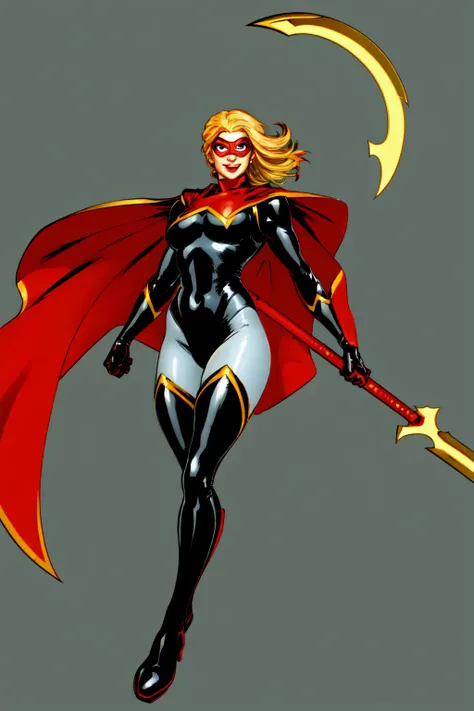 1girl, solo, superhero, blonde hair, gloves, cape, bodysuit, black bodysuit, weapon, axe, holding, holding a weapon, mask, breasts, boots, thigh boots, flames, magic, smile, thighhighs, covered navel, blue eyes, skin tight, medium breasts, city background, red cape, looking at viewer, domino mask, red footwear,<lora:Star_Marvel:0.6>