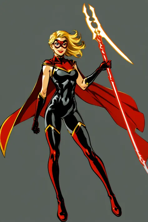 1girl, solo, superhero, blonde hair, gloves, cape, bodysuit, black bodysuit, weapon, axe, holding, holding a weapon, mask, breasts, boots, thigh boots, flames, magic, smile, thighhighs, covered navel, blue eyes, skin tight, medium breasts, city background, red cape, looking at viewer, domino mask, red footwear,<lora:Star_Marvel:0.6>