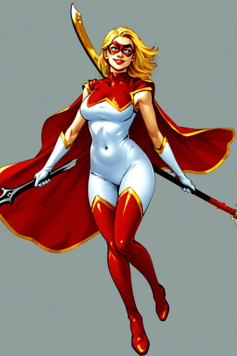 1girl, solo, superhero, blonde hair, gloves, cape, bodysuit, black bodysuit, weapon, axe, holding, holding a weapon, mask, breasts, boots, thigh boots, flames, magic, smile, thighhighs, covered navel, blue eyes, skin tight, medium breasts, city background,  red cape, looking at viewer, domino mask, red footwear,<lora:Star_Marvel:0.6>