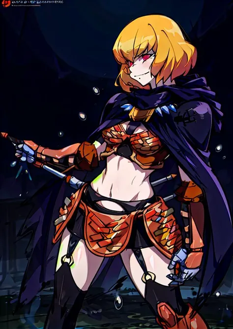 Anime, clementine \(overlord\), pov, girl, red eyes, pupils, blond hair, short hair, (masterpiece, best quality, highly detailed, absurdres, illustration, official art, high resolution), depth of field, midriff, garter belt, armor, leg armor, stiletto sword, (cloak, hood, sinister tone), detailed background, <lora:clementineOverlord_1:1>, (low stance, poised to strike, splash art, side profile)