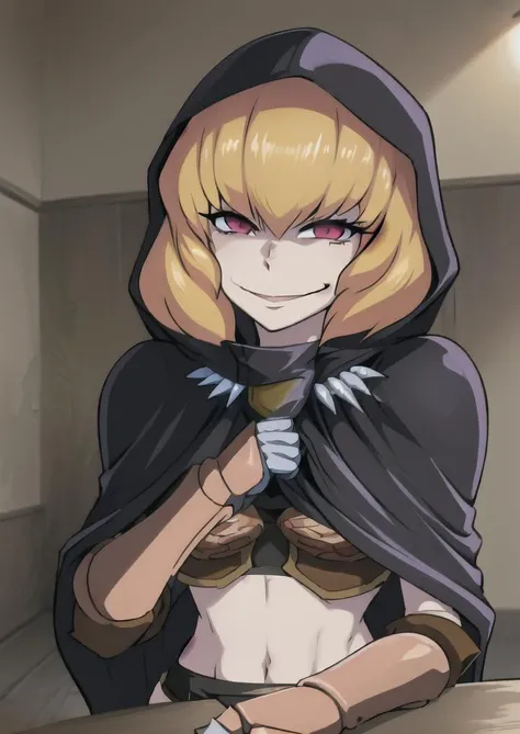 (Anime), pov, clementine \(overlord\), <lora:clementineOverlord_1:1>, red eyes, small pupils, correct hands, Blond hair, short hair, solo, (official art), absurdres, high resolution, depth of field, illustration, upper body, cloak, hood, armor, midriff, (sinister tone), (medieval tavern setting), table, (detailed background), (malicious intent), <lora:sitac-000016:1>, <lora:acrossTableConcept_v10:1>, sitting at table, elbows on table,