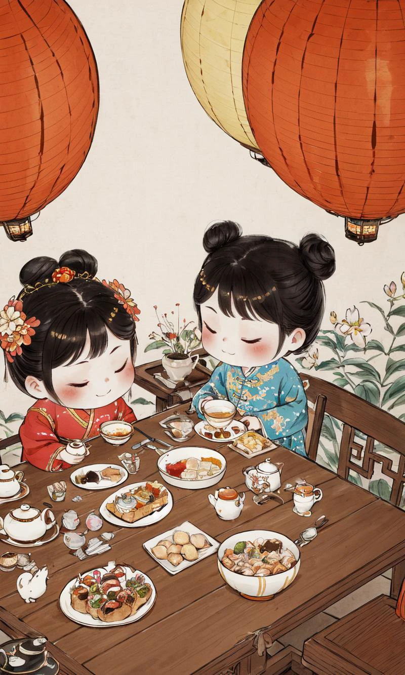 chibi ink painting, multiple girls, 2girls, black hair, food, lantern, hair ornament, teapot, hair flower, holding, closed eyes, chinese clothes, hair bun, cup, table, flower, from above, sitting, eating, paper lantern, long sleeves, child, bangs,((masterpiece)), ((best quality)), 8k, high detailed, ultra-detailed, <lora:Q_ink:0.8>