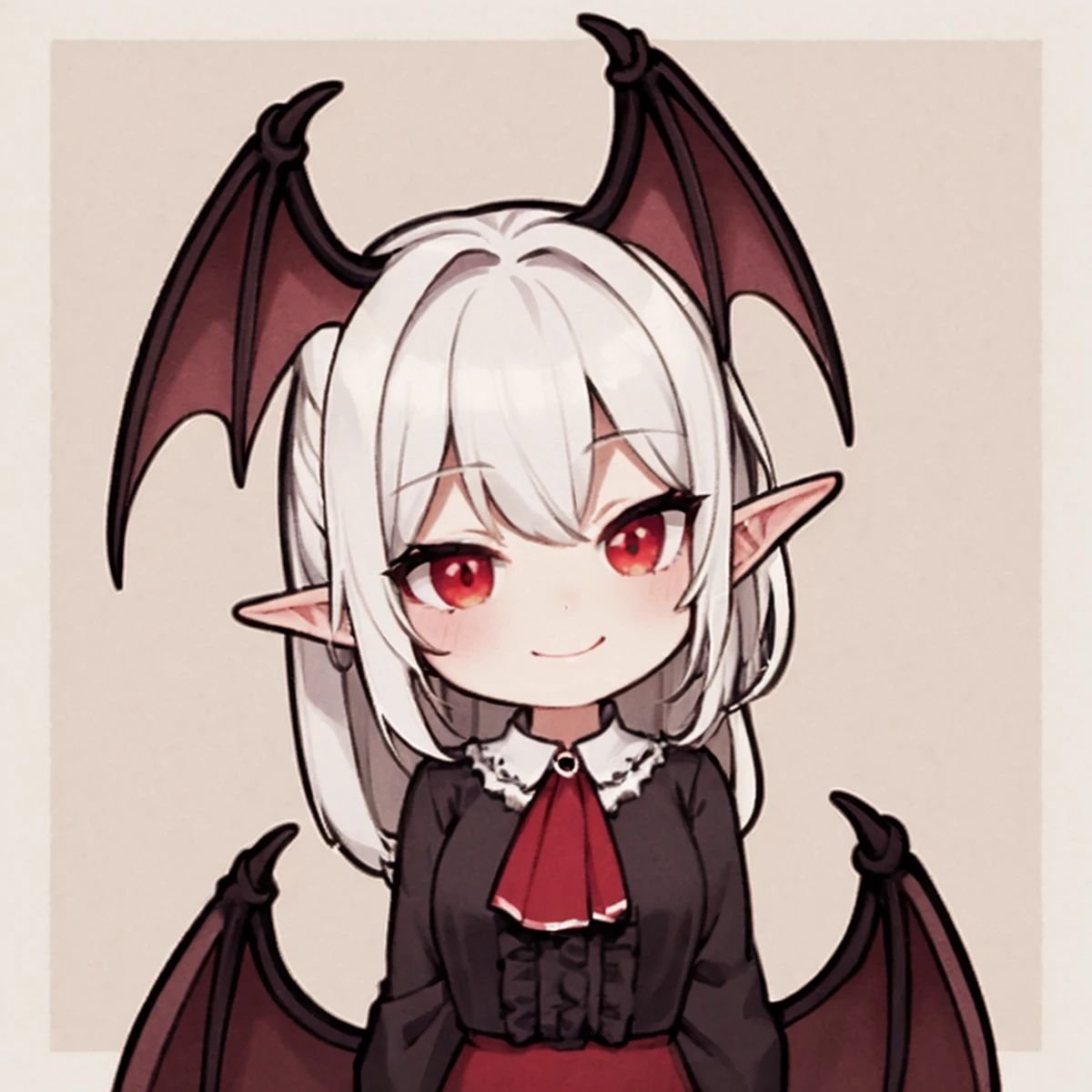red eyes, seductive smile, solo mature aged_up 1girl, vampire, pointy ears, head_wings, bat_wings, upper body
blouse, lots of frills <lyco:Chibi_INK _ Qèæ°´å¢¨å°äºº_v1.0:0.56> chibi ink painting, <lyco:Alwaysfaceleft_SD1.5_Hi-Res-000014:0.3>