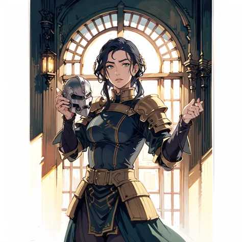 (castle, gorgeous view)
(cowboy shot), sfw, (masterpiece), (best quality:1.0), (ultra highres:1.0), detailed eyes, detailed clothing texture, beautiful face, Kuvira posing, royal knight armor, holding helmet
<lora:Kuvira_TLOK:0.4>, <lora:ff14 mogi yuusuke:0.7>