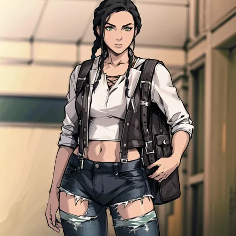 (model runway, blurry)
(wide angle shot), sfw, (masterpiece), (best quality:1.0), (ultra highres:1.0), detailed eyes, detailed clothing texture, beautiful face, Kuvira, braided ponytail, (multitone black and white jacket), midriff, ripped jeans, backpack, green eyes
<lora:Kuvira_TLOK:0.4>, <lora:nomura tetsuya:0.7>