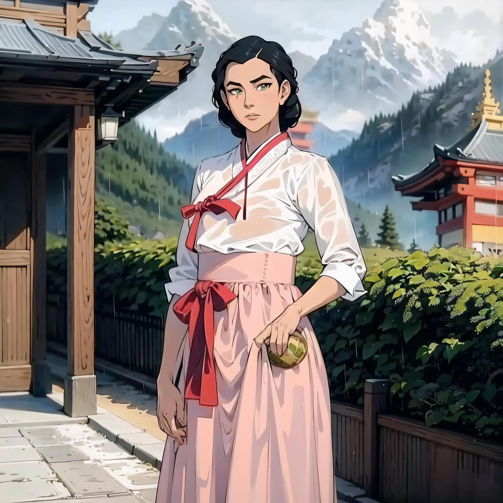 (rainy temple, gorgeous view)
(cowboy shot), sfw, (masterpiece), (best quality:1.0), (ultra highres:1.0), detailed eyes, detailed clothing texture, beautiful face, Kuvira posing, hanbok, green eyes
<lora:Kuvira_TLOK:0.6>, <lora:korean, hanbok:0.6>