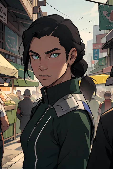 masterpiece, best quality, ultra-detailed, medium close-up Portrait of beautiful Kuvira, female, green metal outfit, braided ponytail, unkempt, looking_at_viewer, closed_mouth, standing in a market square of vibrant Ba Sing Se City background, portrait, detailed eyes, volumetric lighting, intricate details, tonemapping, sharp focus, hyper detailed, trending on Artstation, <lora:Kuvira_TLOK:0.6>