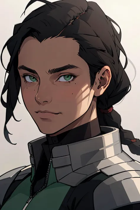 masterpiece, best quality, ultra-detailed, Portrait of beautiful Kuvira, female, green metal outfit, braided ponytail, unkempt, looking_at_viewer, simple_background, portrait, detailed eyes, volumetric lighting, intricate details, tonemapping, sharp focus, hyper detailed, trending on Artstation, <lora:Kuvira_TLOK:0.6>