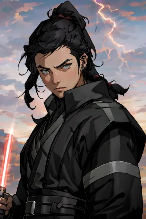 anime, masterpiece, best quality, ultra-detailed, Portrait, beautiful, Kuvira, adult female, braided ponytail, green metal outfit sthoutfit, unkempt, fierce expression, detailed eyes, sith temple background, wielding red lightsaber, dynamic pose, looking at viewer, portrait, volumetric lightning, best quality, masterpiece, intricate details, tonemapping, sharp focus, hyper detailed, trending on Artstation, <lora:Kuvira_TLOK:0.6> <lora:SithoutfitV2:1>