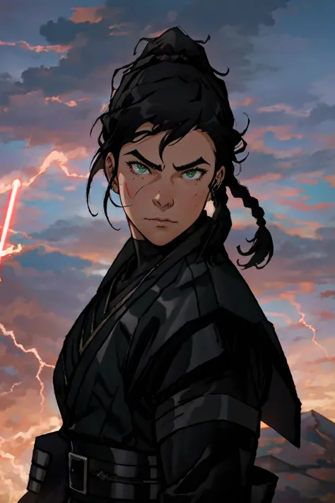 anime, masterpiece, best quality, ultra-detailed, Portrait, beautiful, Kuvira, adult female, braided ponytail, green metal outfit sthoutfit, unkempt, fierce expression, detailed eyes, sith temple background, wielding red lightsaber, dynamic pose, looking at viewer, portrait, volumetric lightning, best quality, masterpiece, intricate details, tonemapping, sharp focus, hyper detailed, trending on Artstation,   <lora:Kuvira_TLOK:0.6> <lora:SithoutfitV2:1>