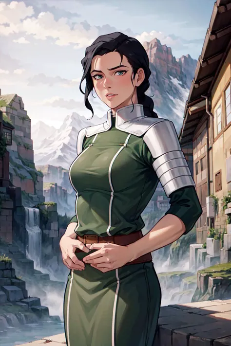 (mountain, gorgeous view) (cowboy shot), sfw, (masterpiece), (best quality:1.0), (ultra highres:1.0), detailed eyes, detailed clothing texture, beautiful face, Kuvira, green outfit  <lora:Kuvira_TLOK:.5> <lora:add_detail:0.3> <lora:hipoly3DModelLora_v20:0.3>  <lora:RSERomantic_RSESofiko_RSEEmma-v1:0.3> kuvira, braided ponytail