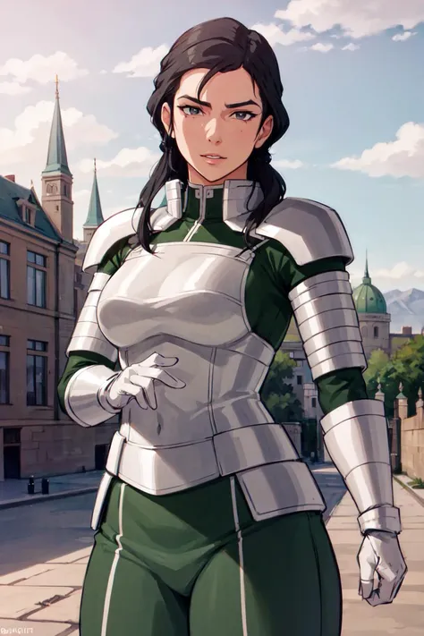 (castle, gorgeous view) (cowboy shot), sfw, (masterpiece), (best quality:1.0), (ultra highres:1.0), detailed eyes, detailed clothing texture, beautiful face, Kuvira posing, royal knight armor, <lora:Kuvira_TLOK:.5> <lora:add_detail:0.3> <lora:hipoly3DModelLora_v20:0.3> <lora:RSERomantic_RSESofiko_RSEEmma-v1:0.3> Kuvira