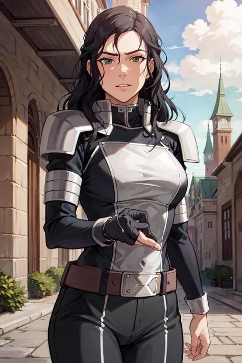 (castle, gorgeous view) (cowboy shot), sfw, (masterpiece), (best quality:1.0), (ultra highres:1.0), detailed eyes, detailed clothing texture, beautiful face, Kuvira posing, black royal knight armor,  <lora:Kuvira_TLOK:.5> <lora:add_detail:0.3> <lora:hipoly3DModelLora_v20:0.3>  <lora:RSERomantic_RSESofiko_RSEEmma-v1:0.3> kuvira, unkempt,