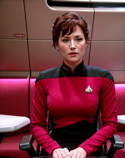 plain woman in red and (black:1.1) s3sttngsuit uniform sitting in a chair on enterprise bridge,pink hair,, 8k uhd, dslr, soft lighting, high quality, film grain,masterpiece quality,Fujifilm XT3<lora:TNGV2:0.7>