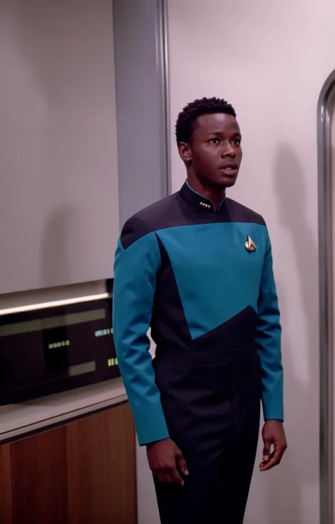 a young african man in a science s3sttngsuit uniform, 8k uhd, dslr, soft lighting, high quality, film grain, higly detailed face,ultra detailed,masterpiece quality,Fujifilm XT3 <lora:STTNGV018:0.8>