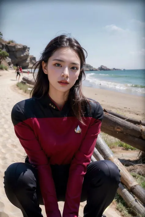 (8k, RAW photo, best quality, masterpiece), (realistic, photo realistic), UHD, extremely detailed CG unity 8k wallpaper, sharp focus, (real_skin, oily skin), perfect anatomy, slender, (cinematic lighting),
BREAK
1girl, solo, brown hair, long hair, blue eyes, outdoors, day, (s3stngunf red uniform with black pants:1.3), retro artstyle, sky, ocean, floating hair, head rest, looking at viewer, water, wind, squatting, sitting <lora:STNGV3new:0.8>