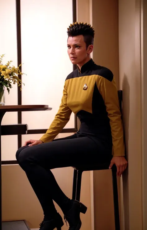 older woman with (mohawk:1.3) in a yellow and black s3sttngsuit uniform, in a restaurant, Oxford shoes,8k uhd, dslr, soft lighting, high quality, film grain, higly detailed face,masterpiece quality,Fujifilm XT3 <lora:STTNGV018:0.8>