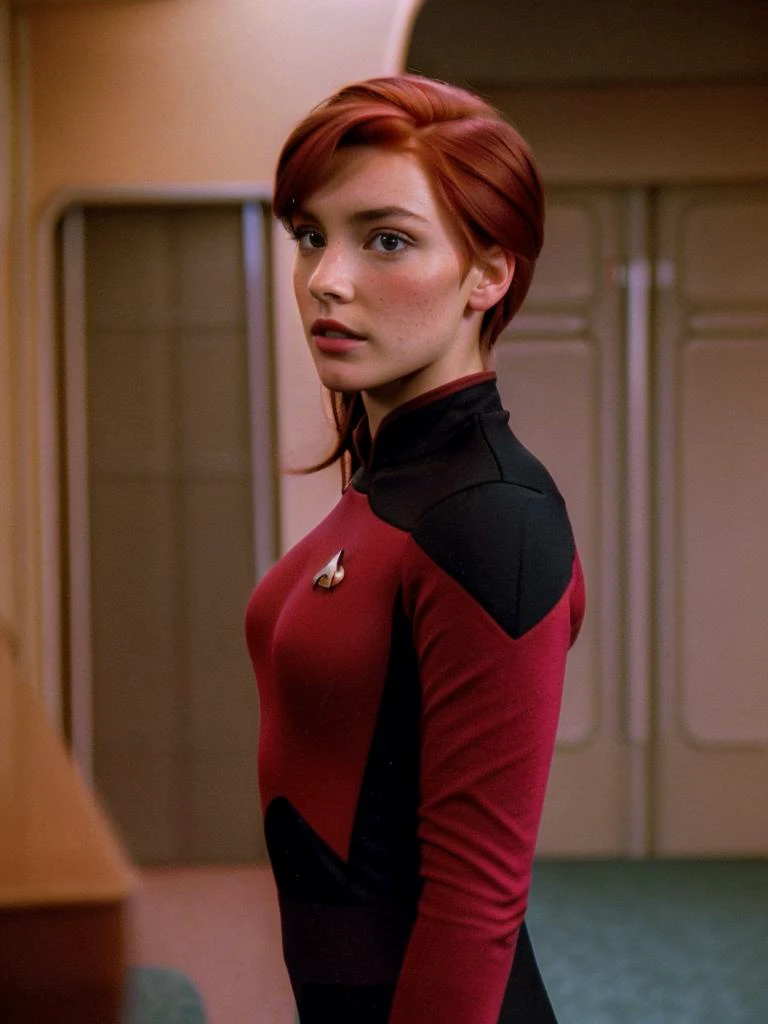 a photo of pretty hayl3y-001 (s3stngunf red uniform:1.2),black pants, long sleeves, photo realistic, looking at viewer, (head and shoulders closeup:1.2). bridge of the enterprise. <lora:TNGS3Standalone:1>. fcHeatPortrait